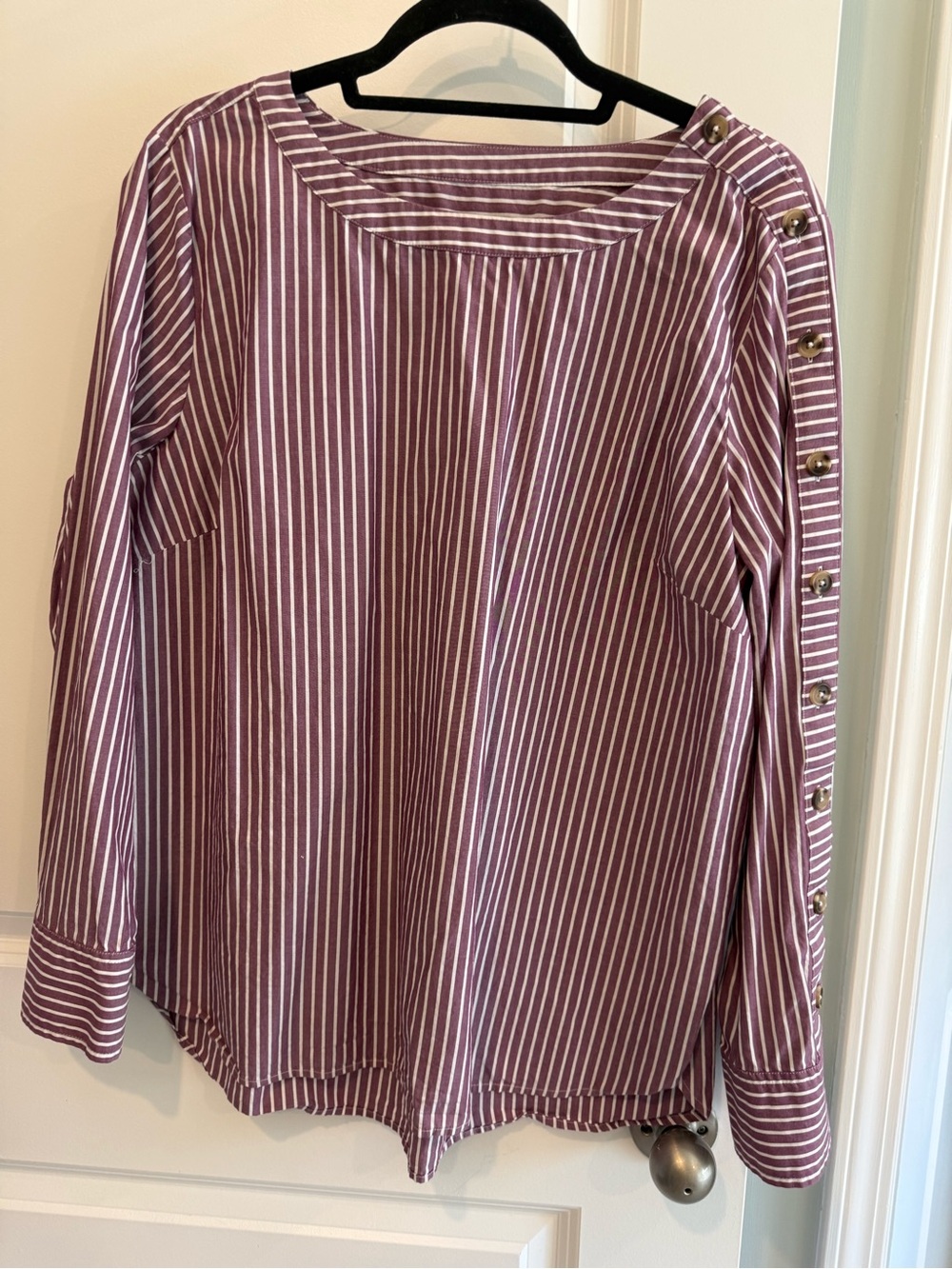 Talbots Mauve and White Striped Button-Trim Long Sleeve Tee